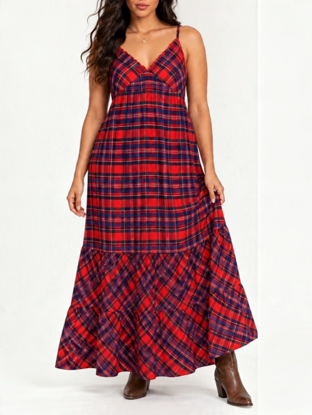 Lucky Brand Red Tartan Plaid Maxi Dress Empire Waist Smocked Prairie Cottage L
